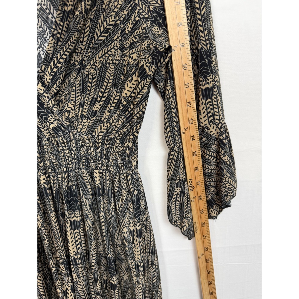 Sapogee Women Dress M Tan Black Geometric Leaf Smocked Waist Ruffle Bell Sleeve - Picture 7 of 14